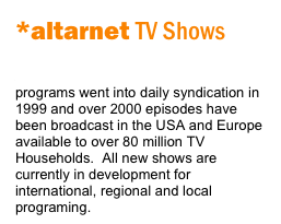 *altarnet TV Shows
The Altarnet Experiment and Urban Altarnet all request music TV programs went into daily syndication in 1999 and over 2000 episodes have been broadcast in the USA and Europe available to over 80 million TV Households.  All new shows are currently in development for international, regional and local programing.